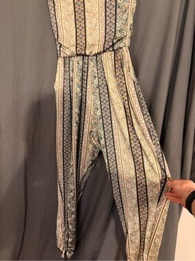 Striped Floral Print Strapless Jumpsuit in Sage and Cream